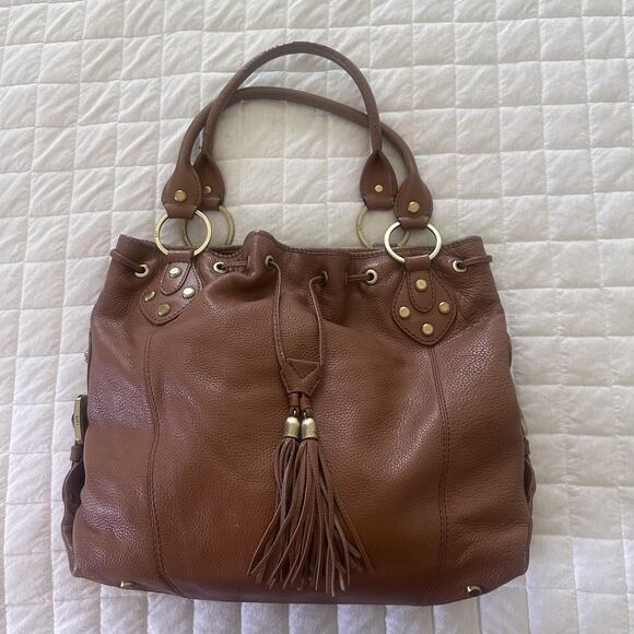RAFE NEW YORK Tote Bag Womens Large Brown Leather Drawstring Tassel Boho Purse - Picture 1 of 13